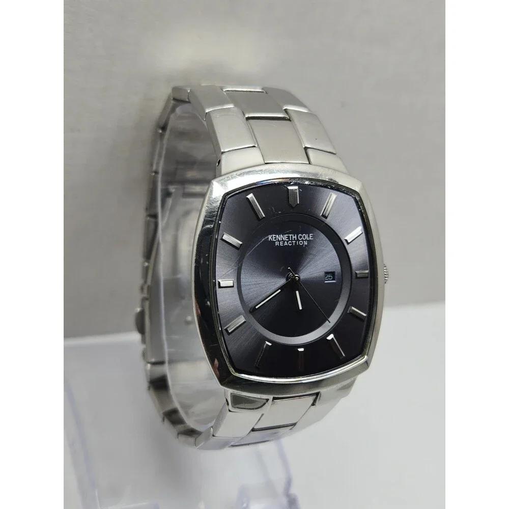 Kenneth Cole Reaction Mens Stainless Steel Blue Dial Date 35mm Watch New Battery
